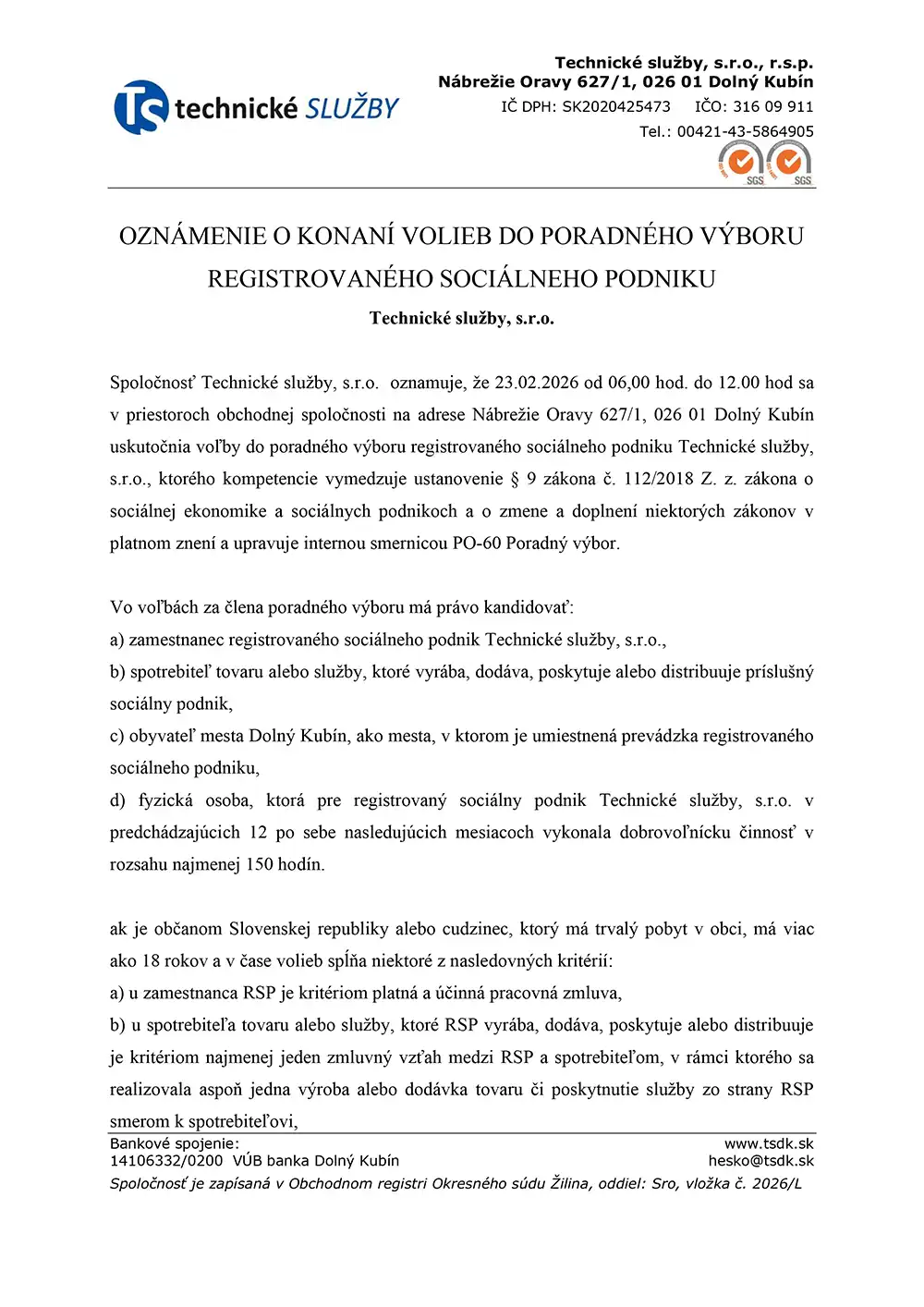 Oznámenie o konaní volieb do poradného výboru registrovaného sociálneho podniku