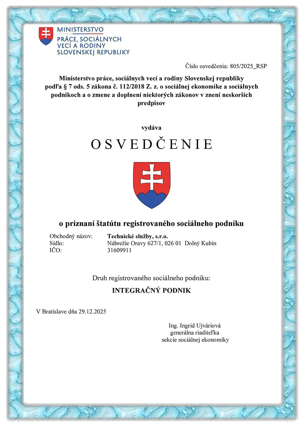 Osvedčenie o vzniku sociálneho podniku